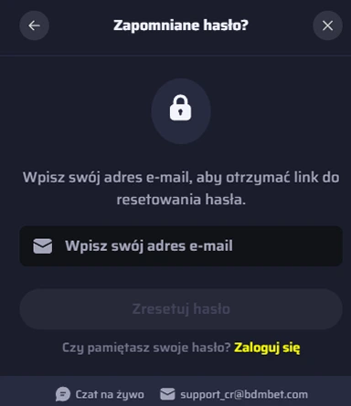 Ekran odzyskiwania hasła Bdmbet