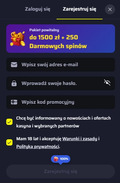 Formularz rejestracji Bdmbet z bonusem 1500 zł + 250 spinów