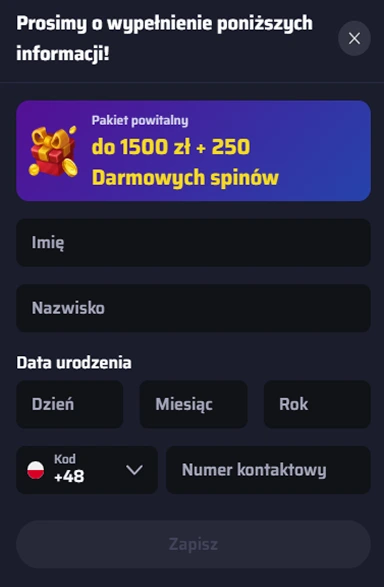 Uzupełnianie danych osobowych w formularzu Bdmbet